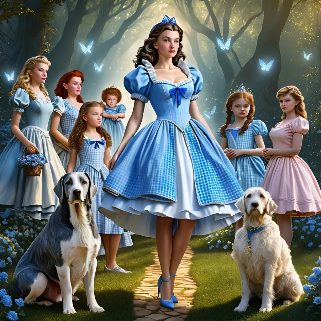 Prompt: HD 4k 3D 8k professional modeling photo hyper realistic beautiful woman enchanted, Oz Princess Dorothy Gale, Her trademark blue and white gingham dress is admired by the Munchkins because blue is their favorite color and white is worn only by good witches and sorceresses, which indicates to them that Dorothy is a good witch. Dorothy has a forthright and take-charge character, full body surrounded by ambient glow, magical, highly detailed, intricate, outdoor  landscape, high fantasy background, elegant, mythical, surreal lighting, majestic, goddesslike aura, Annie Leibovitz style 