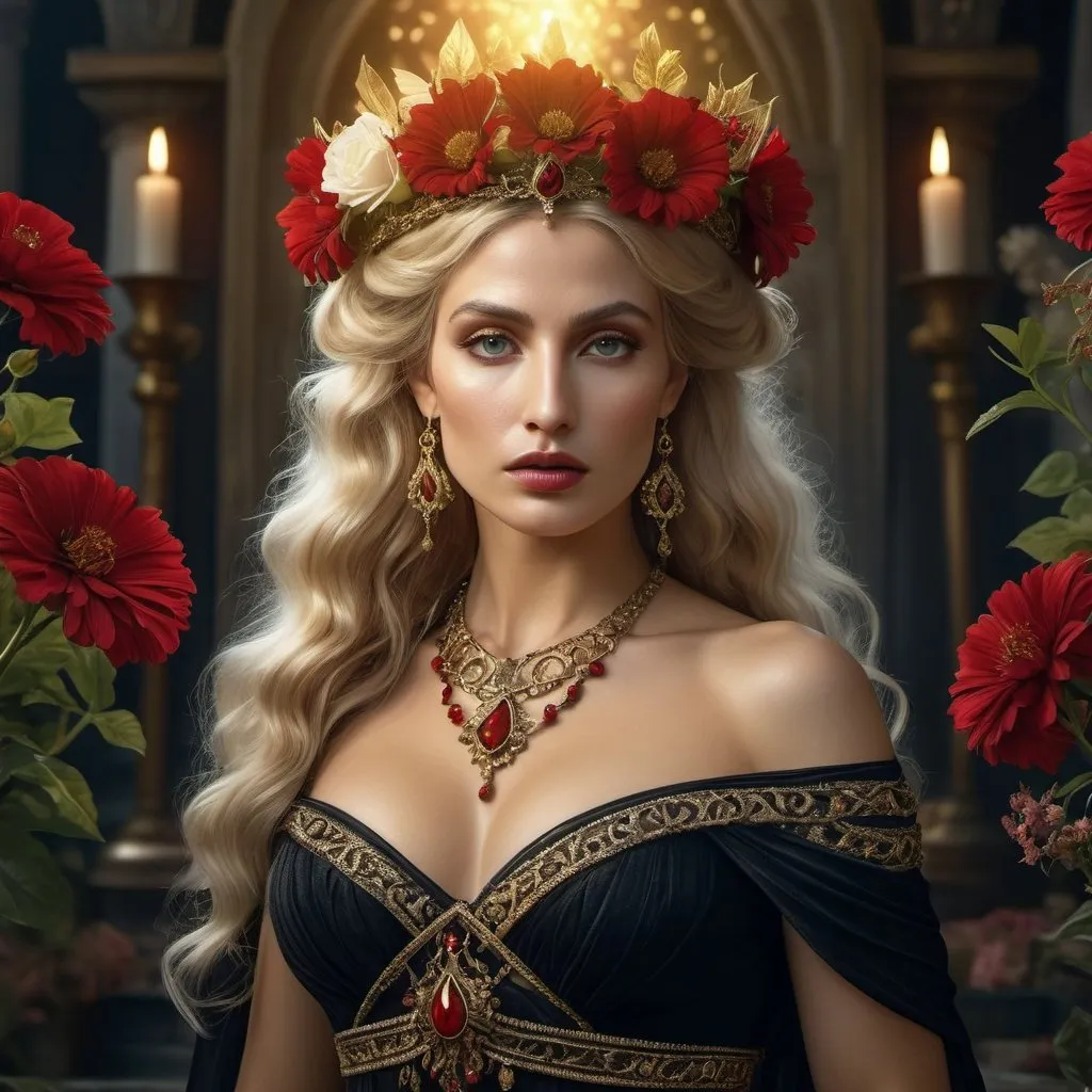 Prompt: HD 4k 3D 8k professional modeling photo hyper realistic beautiful woman Gypsy Princess ethereal greek goddess 
blonde hair fair skin gorgeous face  jewelry tiara  full body surrounded by ambient glow, flowers vegetation, enchanted, magical, detailed, highly realistic woman, high fantasy Transylvania gothic background, elegant, mythical, surreal lighting, majestic, goddesslike aura, red and black flowers, Annie Leibovitz style 

