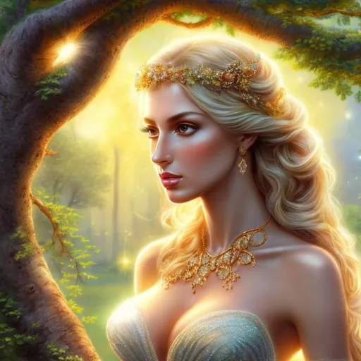 Prompt: HD 4k 3D, hyper realistic, professional modeling, ethereal  Greek goddess of mulberry, blonde hair, tan skin, gorgeous face, gorgeous tree dress, tree jewelry and mulberry tiara, full body, ambient glow, mulberry tree nymph, landscape, detailed, elegant, ethereal, mythical, Greek, goddess, surreal lighting, majestic, goddesslike aura