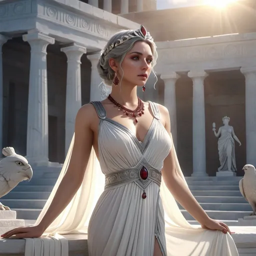 Prompt: HD 4k 3D, hyper realistic, professional modeling, ethereal Greek Goddess of Love Charms, light gray pulled back hair, white skin, gorgeous face,  grecian feminine gown, garnet jewelry and diadem, full body, enchantress, lovebirds, passionate, magic scenery, detailed, elegant, ethereal, mythical, Greek, goddess, surreal lighting, majestic, goddesslike aura