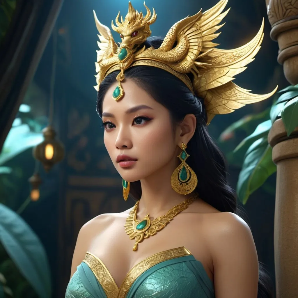 Prompt: HD 4k 3D, hyper realistic, professional modeling, enchanted Southeast Asian Princess - Raya, beautiful, magical, detailed, highly realistic woman, high fantasy background, Vietnam, Asian dragon, elegant, ethereal, mythical, Greek goddess, surreal lighting, majestic, goddesslike aura, Annie Leibovitz style 