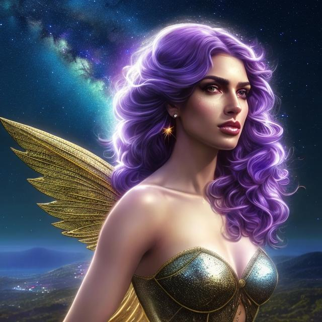 Prompt: HD 4k 3D, hyper realistic, professional modeling, ethereal Greek goddess of the stars, shiny purple hair, dark freckled skin, gorgeous face, gorgeous dark starry dress, dark starry jewelry and crown of stars, fairy wings, full body, ambient starlight glow, overlooking mountain, dazzling light, landscape, detailed, elegant, ethereal, mythical, Greek, goddess, surreal lighting, majestic, goddesslike aura