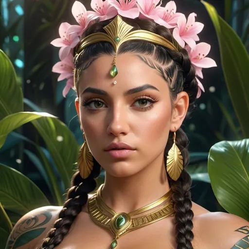 Prompt: HD 4k 3D, 8k, hyper realistic, professional modeling, ethereal Greek Goddess and Amazonian Queen, pink milkmaid braid hair, olive skin, gorgeous glowing face, Amazonian Warrior plant armor, white jewelry and crown, Amazon warrior, tattoos, full body, Oasis, paradise, surrounded by ambient divine glow, detailed, elegant, mythical, surreal dramatic lighting, majestic, goddesslike aura