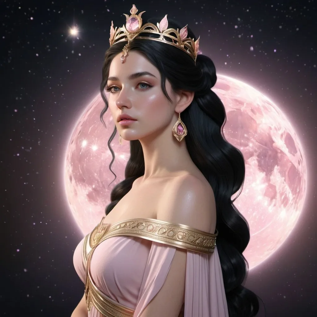 Prompt: HD 4k 3D, hyper realistic, professional modeling, ethereal Greek Goddess of the Months, black half up hair, pale skin, gorgeous face,  grecian shimmering dress, pink morganite jewelry and crown, full body, cosmos, lunar months, astrology, solar, detailed, elegant, ethereal, mythical, Greek, goddess, surreal lighting, majestic, goddesslike aura