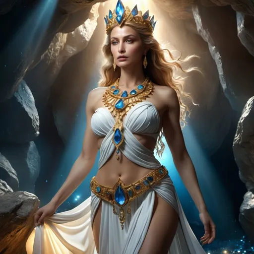 Prompt: HD 4k 3D 8k professional modeling photo hyper realistic beautiful woman enchanted destroyer Princess Jehnna, ethereal greek goddess, full body surrounded by ambient glow, magical, highly detailed, intricate, cave full of gemstones and jewels, outdoor landscape, highly realistic woman, high fantasy background, elegant, mythical, surreal lighting, majestic, goddesslike aura, Annie Leibovitz style 

