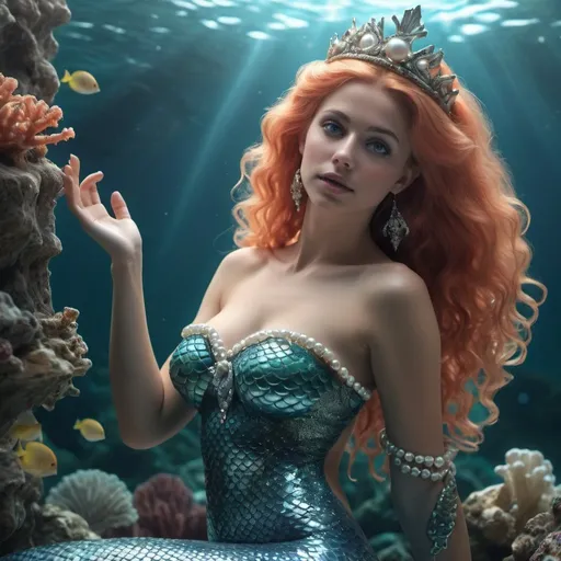 Prompt: HD 4k 3D, hyper realistic, professional modeling, enchanted Denmark Mermaid Princess - Marina, pearls, beautiful, magical, coral reef, high fantasy background, detailed, highly realistic woman, elegant, ethereal, mythical, Greek goddess, surreal lighting, majestic, goddesslike aura