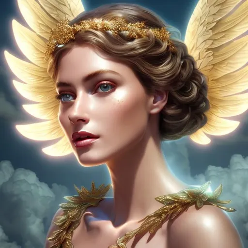 Prompt: HD 4k 3D 8k professional modeling photo hyper realistic beautiful woman ethereal greek goddess of victory
gold hair bright eyes gorgeous face dark freckled skin elegant greek dress with jewelry and headband holding laurel wreath gold sandals angel wings in flight full body surrounded by ambient glow hd landscape background she is in flight through the clouds 
