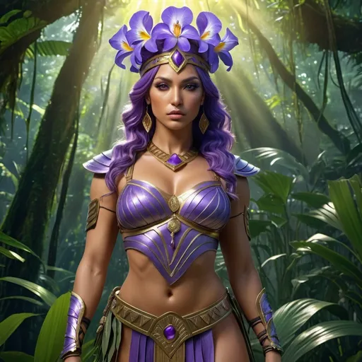 Prompt: HD 4k 3D, 8k, hyper realistic, professional modeling, ethereal Greek Goddess and Amazonian Warrior, purple hair, tan skin, gorgeous glowing face, Amazonian Warrior armor, beryl jewelry and headband, Amazon warrior, full body, in the rainforest, adorned with iris flowers, skilled and courageous, surrounded by ambient divine glow, detailed, elegant, mythical, surreal dramatic lighting, majestic, goddesslike aura