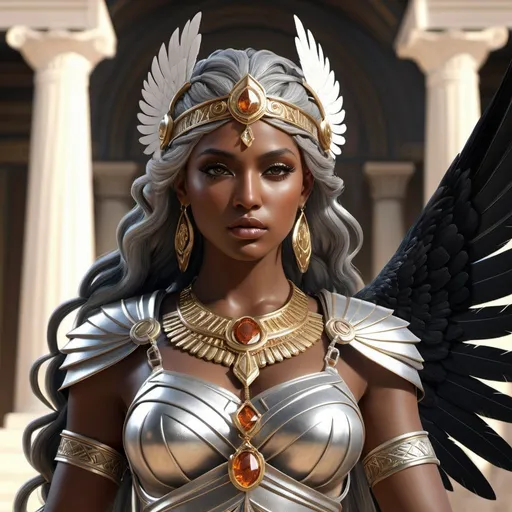 Prompt: HD 4k 3D, hyper realistic, professional modeling, ethereal Greek Goddess and Warrior Princess, silver braided hair, black skin, gorgeous face, messenger and soldier, sunstone jewelry and headpiece, full body, winged sandals, beautiful and swift, surrounded by divine glow, detailed, elegant, ethereal, mythical, Greek, goddess, surreal lighting, majestic, goddesslike aura