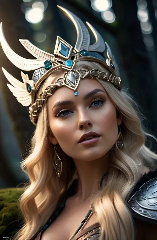 Prompt: Irpa Norse Dark Earth Goddess, hyper realistic, HD 4k 3D, professional modeling, ethereal, bright blonde l hair, light brown skin, gorgeous face, gorgeous jewelry and headpiece, Wicked Valkyrie, in a dark forest, ambient divine glow, detailed and intricate, elegant, ethereal, mythical, goddess, radiant lighting, majestic, goddesslike aura, Norse Viking Mythology