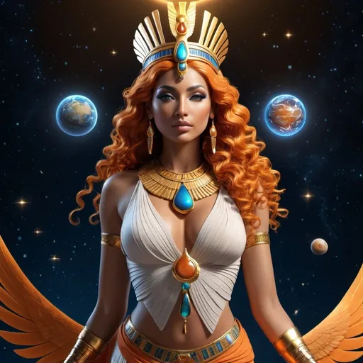 Prompt: HD 4k 3D, 8k, hyper realistic, professional modeling, ethereal Egyptian Goddess of truth, justice, order Maat, beautiful, glowing medium skin, orange hair, mythical  clothing and jewelry, crown, Cosmos, full body, holding a heart in one hand and a feather in the other, stars, planets, Fantasy setting, surrounded by ambient divine glow, detailed, elegant, surreal dramatic lighting, majestic, goddesslike aura, octane render