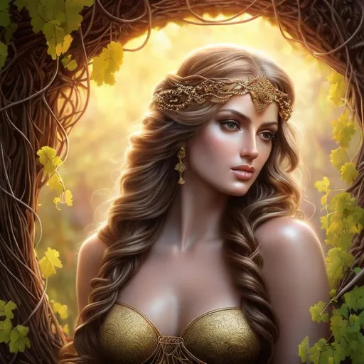 Prompt: HD 4k 3D, hyper realistic, professional modeling, ethereal  Greek goddess of grapevines, wine purple rope braid hair, brown skin, gorgeous face, gorgeous grapevine dress, grapevine jewelry and grapevine headband, full body, ambient glow, grapevine nymph, landscape, detailed, elegant, ethereal, mythical, Greek, goddess, surreal lighting, majestic, goddesslike aura