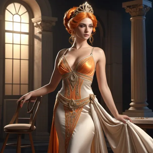 Prompt: HD 4k 3D, hyper realistic, professional modeling, ethereal Greek Goddess of Sewing, orange topsy tail hair, beige skin, gorgeous face, grecian embroidered gown, black pearl jewelry and tiara, full body, seamstress, sews fates, in a tower, spindle, detailed, elegant, ethereal, mythical, Greek, goddess, surreal lighting, majestic, goddesslike aura