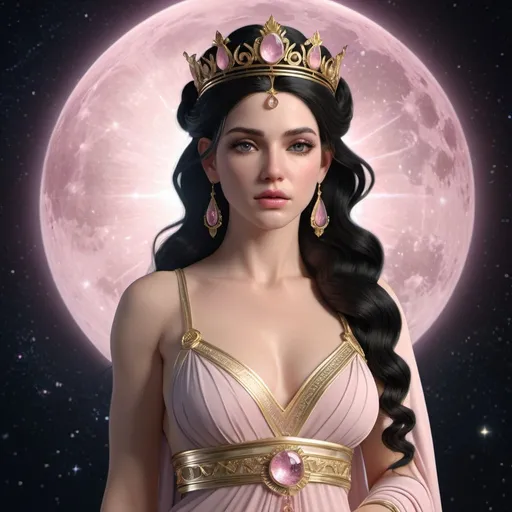 Prompt: HD 4k 3D, hyper realistic, professional modeling, ethereal Greek Goddess of the Months, black half up hair, pale skin, gorgeous face,  grecian shimmering dress, pink morganite jewelry and crown, full body, cosmos, lunar months, astrology, solar, detailed, elegant, ethereal, mythical, Greek, goddess, surreal lighting, majestic, goddesslike aura