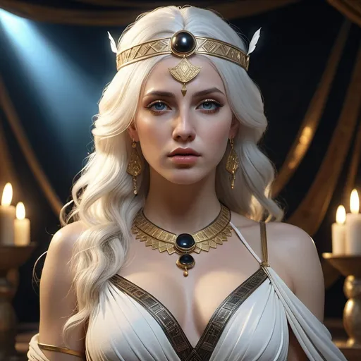 Prompt: HD 4k 3D, 8k, hyper realistic, professional modeling, ethereal Greek Goddess Briseis, white hair, pale skin, gorgeous glowing face, slavegirl outfit, black gemstone jewelry and diadem, concubine, ancient tent, surrounded by ambient divinity glow, detailed, elegant, mythical, surreal dramatic lighting, majestic, goddesslike aura