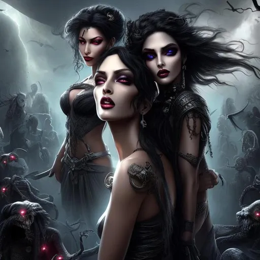 Prompt: HD 4k 3D 8k professional modeling photo hyper realistic beautiful twin evil demon women ethereal greek goddesses of insanity
black dreadlock hair dark eyes gorgeous face fair skin silk goth dress tattoos full body surrounded by evil glow hd landscape background two women in underworld surrounded by ghosts and spirits