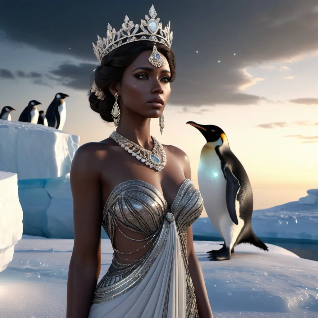 Prompt: HD 4k 3D, hyper realistic, professional modeling, ethereal Greek Muse of Memory, dark brown hair, black skin, gorgeous face, embellished shimmering dress, shiny jewelry and crown, full body, look of longing, Antarctica, cold landscape, penguins, detailed, elegant, ethereal, mythical, Greek, goddess, surreal lighting, majestic, goddesslike aura