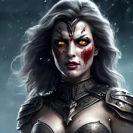 Prompt: HD 4k 3D 8k professional modeling photo hyper realistic beautiful barbarian demon woman ethereal greek goddess of mad rage and frenzy
dark gray hair dark eyes gorgeous face pale skin scarred shiny tattered armored dress  full body surrounded by evil glow hd landscape background tough woman at night with falling snow and rabid wolves at her command