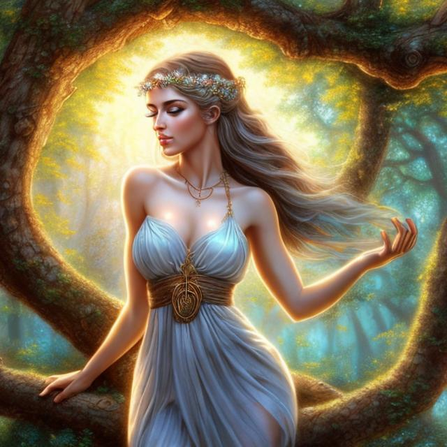 Prompt: HD 4k 3D, hyper realistic, professional modeling, ethereal Greek goddess of oak trees, blue hair, fair skin, gorgeous face, gorgeous rustic inspired dress, rustic jewelry and rustic headband, full body, ambient glow, oak tree forest nymph, landscape, detailed, elegant, ethereal, mythical, Greek, goddess, surreal lighting, majestic, goddesslike aura