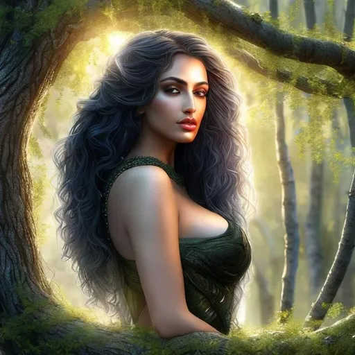 Prompt: HD 4k 3D, hyper realistic, professional modeling, ethereal  Greek goddess of black poplar, green fishtail braid hair, olive skin, gorgeous face, gorgeous black tree dress, tree jewelry and black poplar diadem, full body, ambient glow, black poplar tree nymph, landscape, detailed, elegant, ethereal, mythical, Greek, goddess, surreal lighting, majestic, goddesslike aura