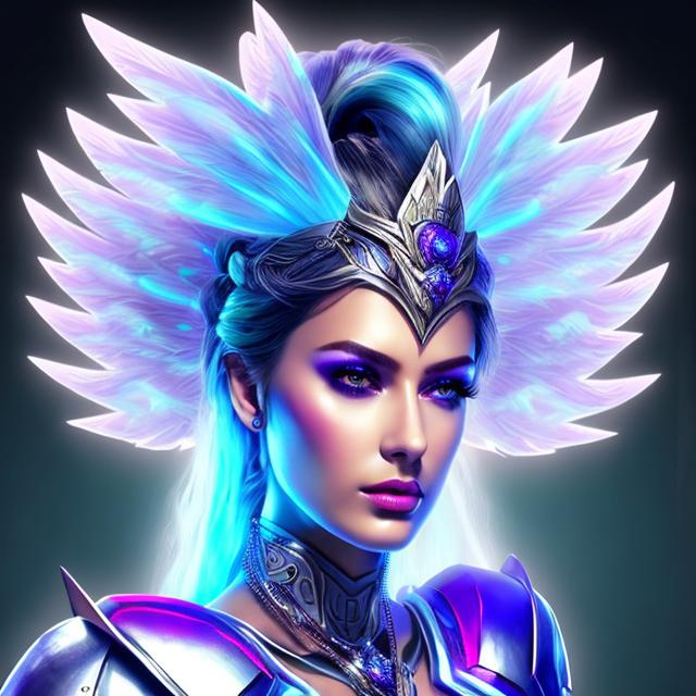 Prompt: HD 4k 3D 8k professional modeling photo hyper realistic beautiful  woman ethereal greek goddess of thunder
green blue and purple hair olive skin gorgeous face shining silver armor shield silver jewelry cloudy headpiece fairy wings full body surrounded by ambient glow hd landscape power of mighty thunder and clouds

