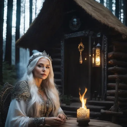 Prompt: Baba Yaga, evil Russian witch,guardian who guides the dead into the afterlife, she lives in a hut deep in the Slavic forest, hyper realistic, HD 4k 3D, professional modeling, ethereal, white hair, medium skin, gorgeous face, gorgeous jewelry and tiara, ambient divine glow, detailed and intricate, elegant, ethereal, mythical, goddess, radiant lighting, majestic, goddesslike aura