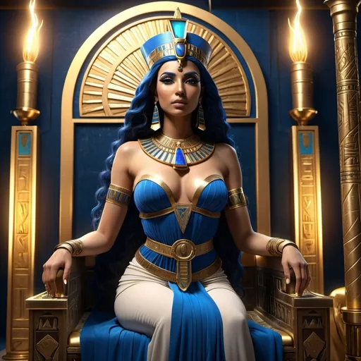 Prompt: HD 4k 3D, 8k, hyper realistic, professional modeling, ethereal Egyptian Goddess style, Ruler Goddess, beautiful, holding scepter,  glowing fair skin, dark blue hair, mythical regal gown, crown, full body, powerful, on throne on egyptian boat, Fantasy setting, surrounded by ambient divine glow, detailed, elegant, surreal dramatic lighting, majestic, goddesslike aura, octane render, artistic and whimsical