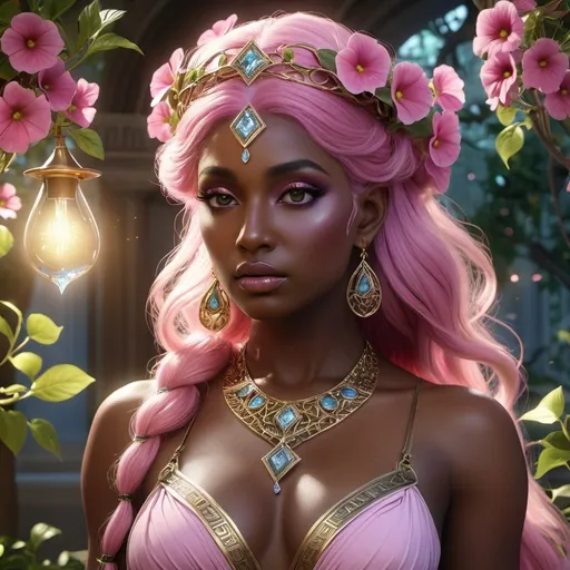 Prompt: HD 4k 3D, 8k, hyper realistic, professional modeling, ethereal Greek Goddess and Laconian Princess, pink hair, black skin, gorgeous glowing face, sorceress gown, diamond and grapevine jewelry and headband, magical seer, Sanctuary of calibrachoa flowers, large walnut tree, surrounded by ambient divinity glow, detailed, elegant, mythical, surreal dramatic lighting, majestic, goddesslike aura