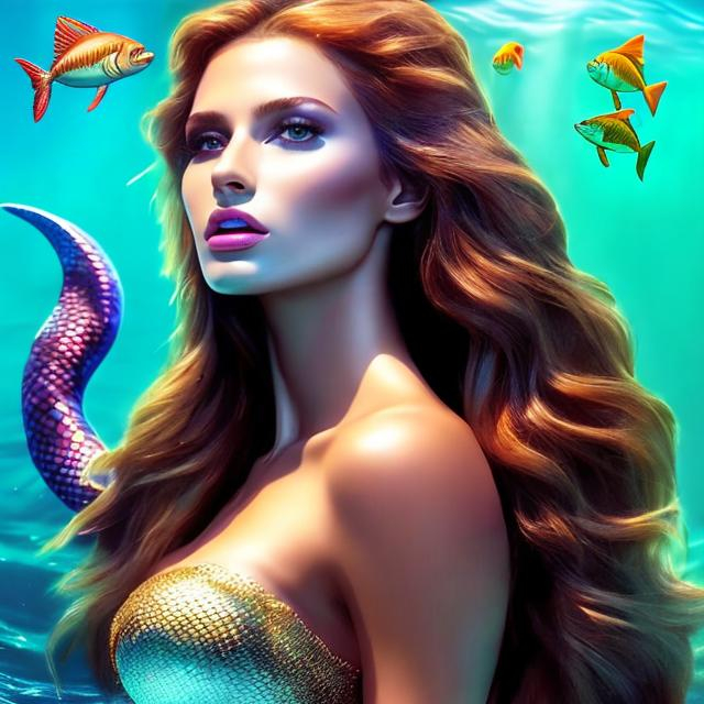 Prompt: HD 4k 3D 8k professional modeling photo hyper realistic beautiful woman ethereal greek goddess south american  mermaid
chocolate brown hair mixed skin gorgeous face  jewelry Incan headpiece colored mermaid tail full body surrounded by ambient glow hd landscape under south american ocean waters bubbles jellyfish

