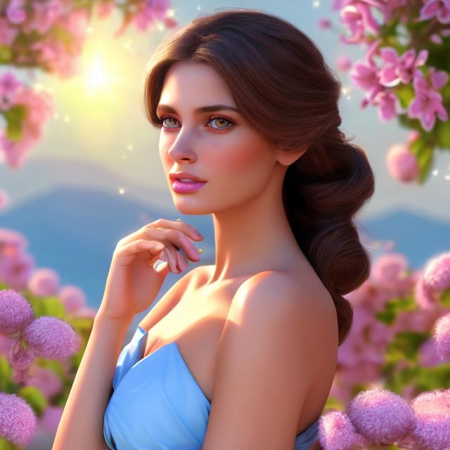 Prompt: HD 4k 3D 8k professional modeling photo hyper realistic beautiful young woman ethereal greek goddess of friendliness and kindness
red pigtail hair blue eyes gorgeous face dark skin shiny bright dress bright jewelry springtime tiara full body surrounded by ambient glow hd landscape background she is in the sunny springtime greek countryside with bright flowers and fauna
