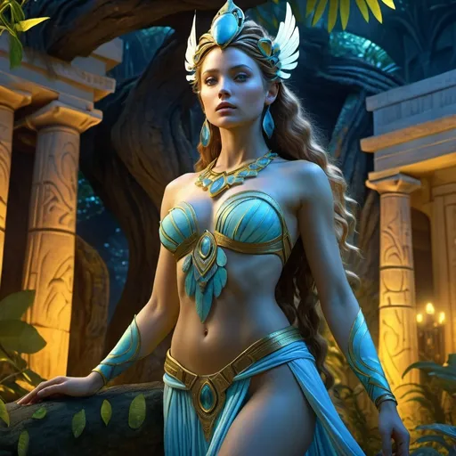 Prompt: HD 4k 3D 8k professional modeling photo hyper realistic beautiful woman enchanted Na'vi Princess, ethereal greek goddess, full body surrounded by ambient glow, magical, highly detailed, intricate, lush Pandora paradise at dusk, outdoor landscape, highly realistic woman, high fantasy background, elegant, mythical, surreal lighting, majestic, goddesslike aura, Annie Leibovitz style 

