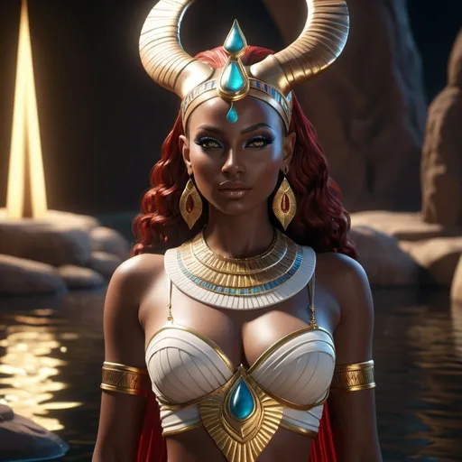 Prompt: HD 4k 3D, 8k, hyper realistic, professional modeling, ethereal Egyptian Goddess style, Antelope Goddess of love, beautiful, standing next to the river, glowing dark skin, red hair, mythical outfit, crown, full body, antelope horns, beautiful lush Fantasy setting, surrounded by ambient divine glow, detailed, elegant, surreal dramatic lighting, majestic, goddesslike aura, octane render, artistic and whimsical