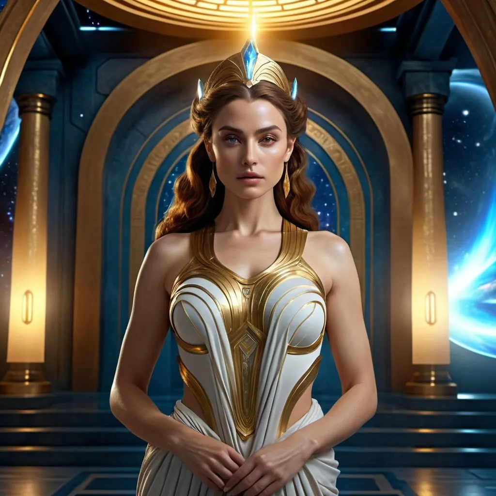 Prompt: HD 4k 3D 8k professional modeling photo hyper realistic beautiful woman Sci-Fi Space Princess ethereal greek goddess gorgeous face full body surrounded by ambient glow, cosmic, enchanted, magical, detailed, highly realistic woman, high fantasy Naboo background, elegant, mythical, surreal lighting, majestic, goddesslike aura, Annie Leibovitz style 

