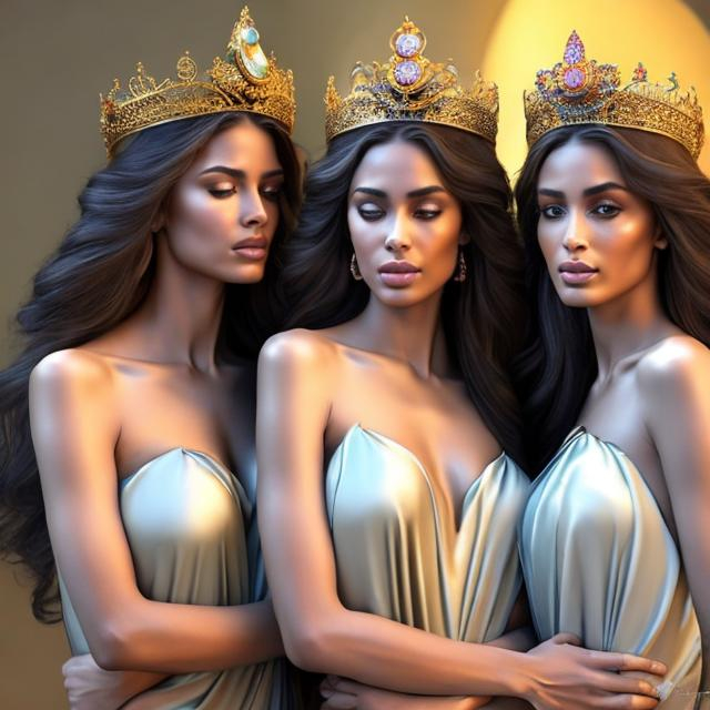 Prompt: HD 4k 3D, hyper realistic, professional modeling, ethereal Greek triplet goddesses of charity, colorful flowing hair, skin, greek gowns, gorgeous face, jewelry and crowns, full body, ambient glow, beautiful goddesses in nature, charming,  detailed, elegant, ethereal, mythical, Greek, goddess, surreal lighting, majestic, goddesslike aura