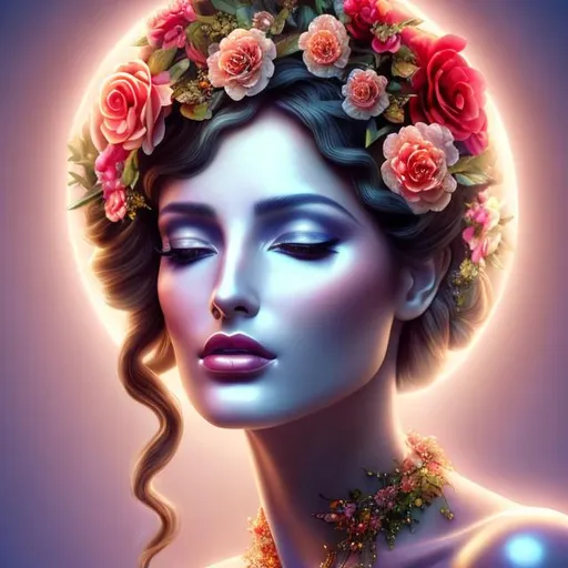 Prompt: HD 4k 3D, hyper realistic, professional modeling, ethereal Greek goddess of flower buds, red ombre hair, black skin, floral gown, gorgeous face, floral jewelry and headpiece, full body, ambient glow, beautiful goddess surrounded by budding flowers in spring, flower buds,  detailed, elegant, ethereal, mythical, Greek, goddess, surreal lighting, majestic, goddesslike aura