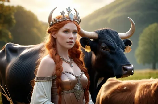 Prompt: Gefjon Norse Goddess of the Harvest and Oxen,  hyper realistic, HD 4k 3D, professional modeling, ethereal, light red  hair, fair skin, gorgeous face, gorgeous jewelry and tiara, full body, ambient glow, landscape, detailed, elegant, ethereal, mythical, goddess, surreal lighting, majestic, goddesslike aura, Norse Mythology