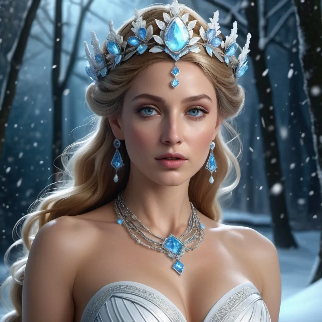 Prompt: HD 4k 3D, hyper realistic, professional modeling, enchanted Dutch snow goddess mythology Princess, beautiful, magical, detailed, highly realistic woman, modern Electronic DJ trance style, elegant, ethereal, mythical, Greek goddess, surreal lighting, majestic, goddesslike aura, Annie Leibovitz style 