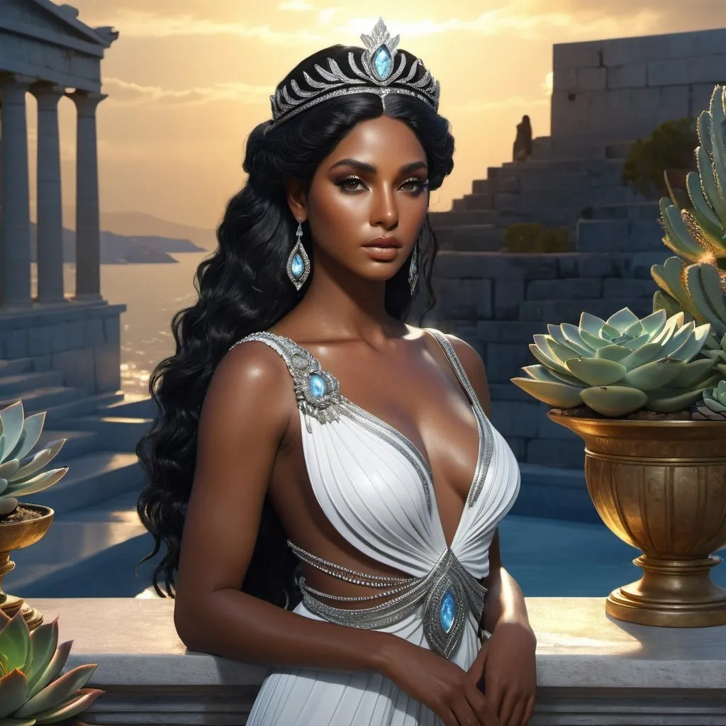 Prompt: HD 4k 3D, 8k, hyper realistic, professional modeling, ethereal Greek Goddess Helen of Troy, shining black hair, black skin, gorgeous glowing face, beautiful shining gown, silver gemstone jewelry and diadem, standing on the ramparts of Troy, swans and succulents, surrounded by ambient divinity glow, detailed, elegant, mythical, surreal dramatic lighting, majestic, goddesslike aura