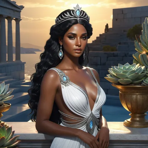 Prompt: HD 4k 3D, 8k, hyper realistic, professional modeling, ethereal Greek Goddess Helen of Troy, shining black hair, black skin, gorgeous glowing face, beautiful shining gown, silver gemstone jewelry and diadem, standing on the ramparts of Troy, swans and succulents, surrounded by ambient divinity glow, detailed, elegant, mythical, surreal dramatic lighting, majestic, goddesslike aura