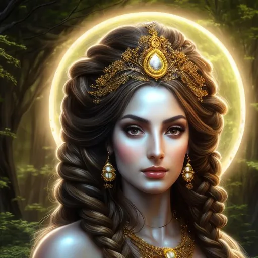 Prompt: HD 4k 3D, hyper realistic, professional modeling, ethereal  lovely Greek goddess of trees, gold bubble braid hair, brown skin, gorgeous face, gorgeous tree priestess dress, tree jewelry and priestess diadem, full body, ambient glow, tree nymph, landscape, detailed, elegant, ethereal, mythical, Greek, goddess, surreal lighting, majestic, goddesslike aura