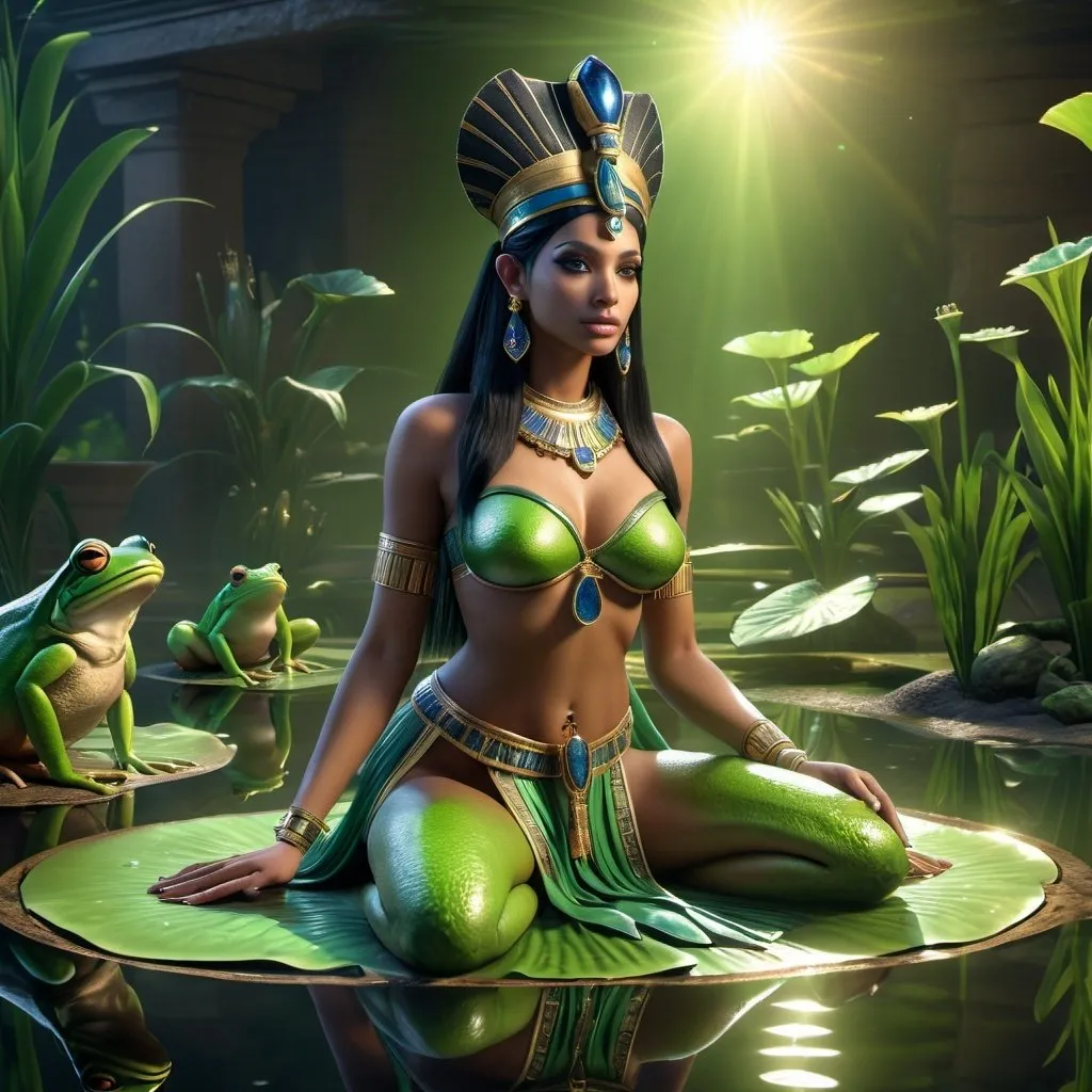 Prompt: HD 4k 3D, 8k, hyper realistic, professional modeling, ethereal Egyptian Frog Goddess Heqet, beautiful, glowing mixed skin, black hair, mythical green clothing and jewelry, headpiece, frog goddess, full body, surrounded by frogs in a pond, Fantasy setting, surrounded by ambient divine glow, detailed, elegant, surreal dramatic lighting, majestic, goddesslike aura, octane render