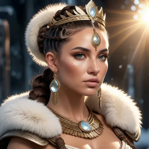 Prompt: HD 4k 3D, 8k, hyper realistic, professional modeling, ethereal Greek Goddess and Amazonian Warrior, brown braided bun hair, ivory skin, gorgeous glowing face, Amazonian Warrior fur armor, kunzite jewelry and crown, Amazon warrior, tattoos, full body, courageous, arctic tundra, surrounded by ambient divine glow, detailed, elegant, mythical, surreal dramatic lighting, majestic, goddesslike aura