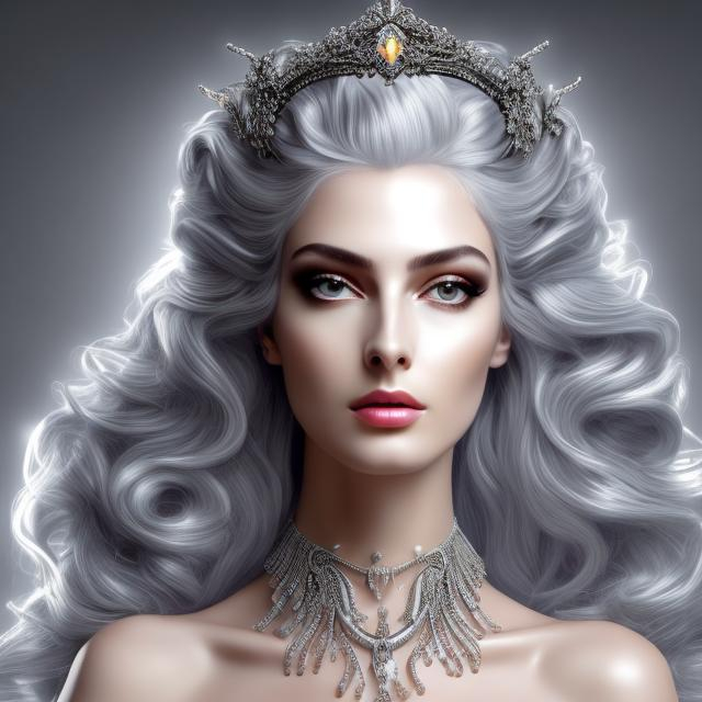 Prompt: HD 4k 3D, hyper realistic, professional modeling, ethereal Greek goddess, silver and black hair, pale skin, shining silver gown, gorgeous face, shining jewelry and diadem, full body, ambient glow, glorious starry light, beautiful goddess with ram horns, fiery, detailed, elegant, ethereal, mythical, Greek, goddess, surreal lighting, majestic, goddesslike aura