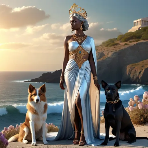 Prompt: HD 4k 3D, 8k, hyper realistic, professional modeling, ethereal Greek Goddess Trojan Queen, gray hair, dark skin, gorgeous glowing face, regal gown, copper gemstone jewelry and tiara, standing next to a dog companion on a bluff by the sea, scabiosa pods, surrounded by ambient divinity glow, detailed, elegant, mythical, surreal dramatic lighting, majestic, goddesslike aura