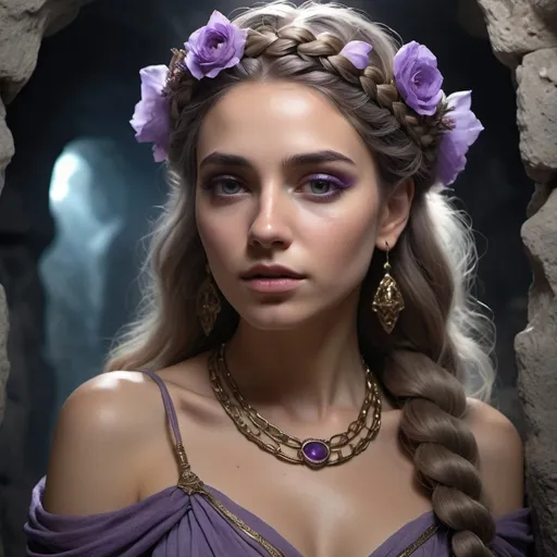 Prompt: HD 4k 3D, 8k, hyper realistic, professional modeling, ethereal Greek Goddess Theban Princess, purple dutch braided hair, mixed skin, gorgeous face, ghostly distressed gown, brown gemstone jewelry and dead flower crown, ghostly glow, in a dark stone tomb, catacomb, surrounded by ambient divine glow, detailed, elegant, ethereal, mythical, Greek, goddess, surreal lighting, majestic, goddesslike aura