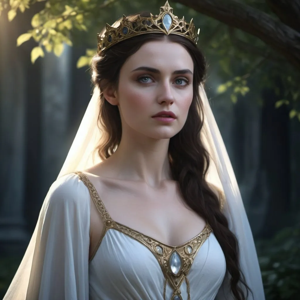 Prompt: HD 4k 3D, hyper realistic, professional modeling, enchanted British Princess - Morgana Pendragon, maiden, beautiful, magical, Arthurian Legend, high fantasy background, detailed, highly realistic woman, elegant, ethereal, mythical, Greek goddess, surreal lighting, majestic, goddesslike aura