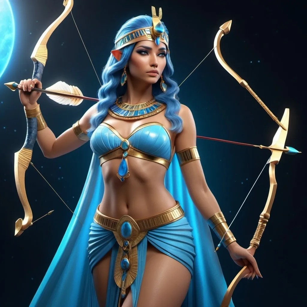 Prompt: HD 4k 3D, 8k, hyper realistic, professional modeling, ethereal Egyptian Goddess style, beautiful with bow and arrow, glowing fair skin, blue hair, mythical crocodile skin outfit and jewelry, tiara, full body, heavenly ruler of the cosmos, Fantasy setting, surrounded by ambient divine glow, detailed, elegant, surreal dramatic lighting, majestic, goddesslike aura, octane render, artistic and whimsical