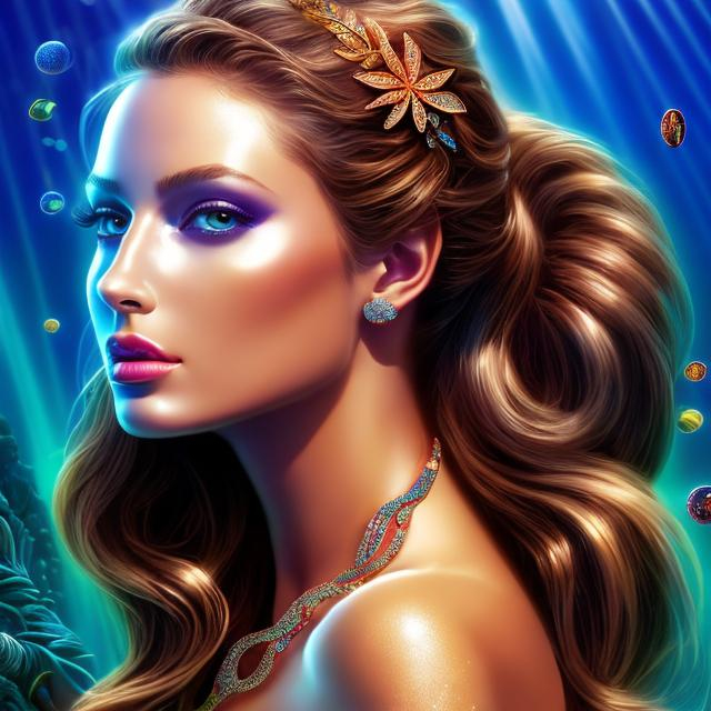 Prompt: HD 4k 3D 8k professional modeling photo hyper realistic beautiful woman ethereal greek goddess south american  mermaid
chocolate brown hair mixed skin gorgeous face  jewelry Incan headpiece colored mermaid tail full body surrounded by ambient glow hd landscape under south american ocean waters bubbles jellyfish

