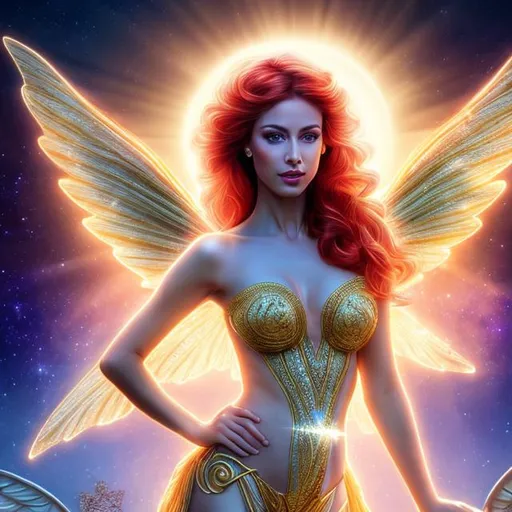 Prompt: HD 4k 3D, hyper realistic, professional modeling, ethereal Greek goddess of brightness, bright red hair, gorgeous face, fair skin, gorgeous bright shiny gown,  jewelry and diadem, fairy wings, full body, ambient glow, cosmic moon and sun bright in background, dazzling light, landscape, detailed, elegant, ethereal, mythical, Greek, goddess, surreal lighting, majestic, goddesslike aura