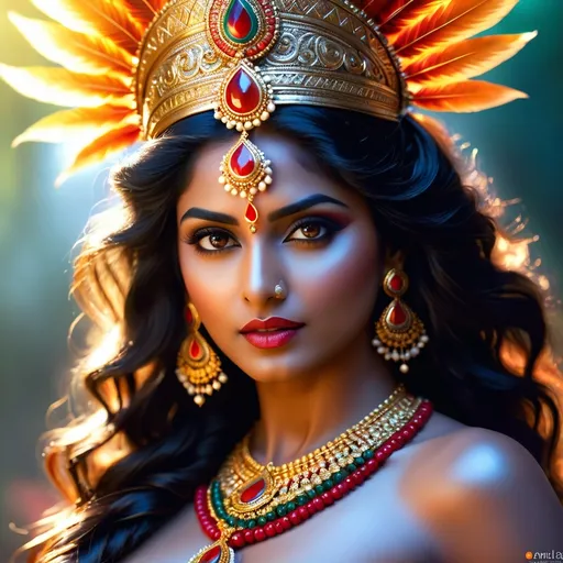 Prompt: Aana Marutha is mythological figure popular in Kerala state of India. Aana Marutha is often depicted as a bloodsucking evil spirit. She is known for her lusty quest and beauty. hyper realistic, HD 4k 3D, professional modeling, ethereal, gorgeous face, Indian jewelry and headpiece, ambient divine glow, detailed and intricate, elegant, ethereal, mythical, goddess, radiant lighting, majestic, goddesslike aura, mystic Indian realm that shows her power